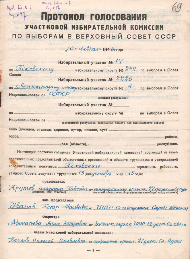 Копия протокола псковской участковой избирательной комиссии по первым послевоенным выборам в Верховный Совет СССР в 1946 году