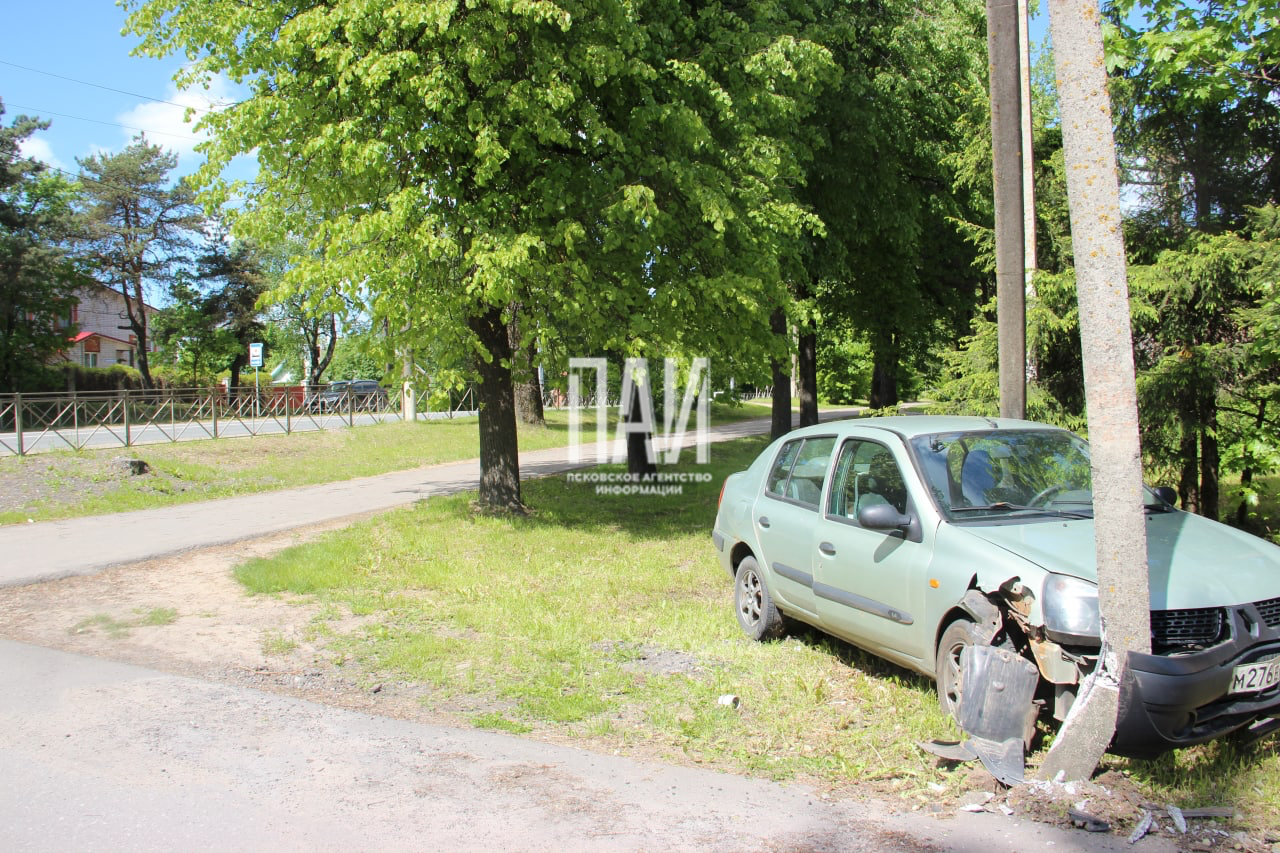 Водитель Renault врезалась в опору освещения в Пустошкинском районе 