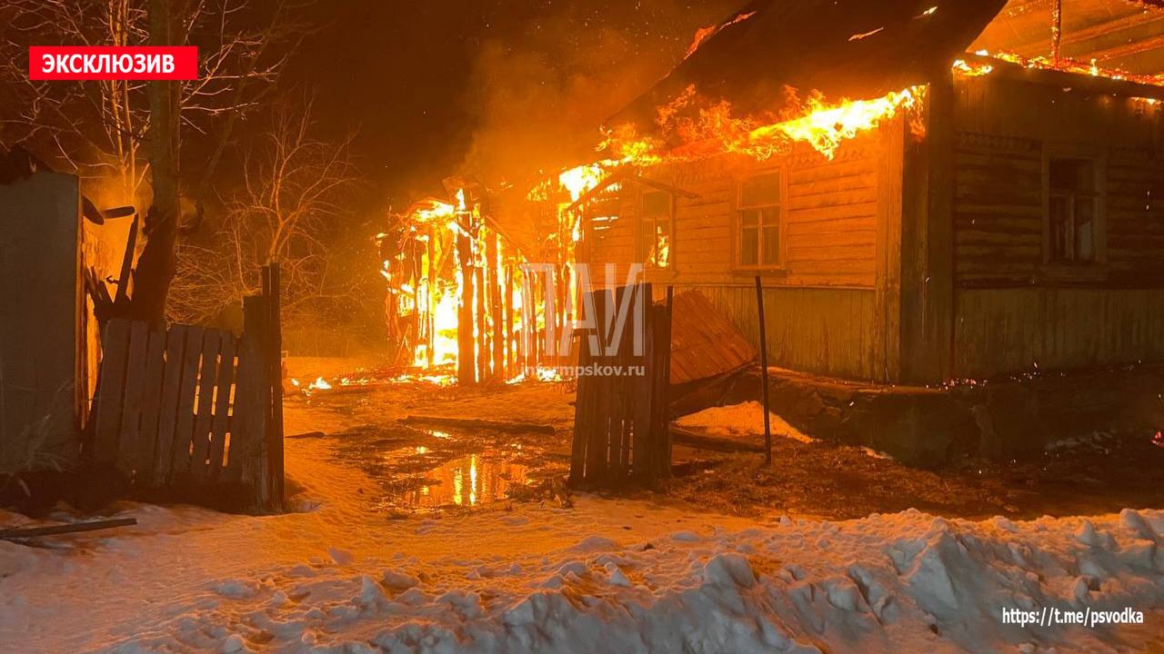 Заброшенный дом загорелся в Псковском районе