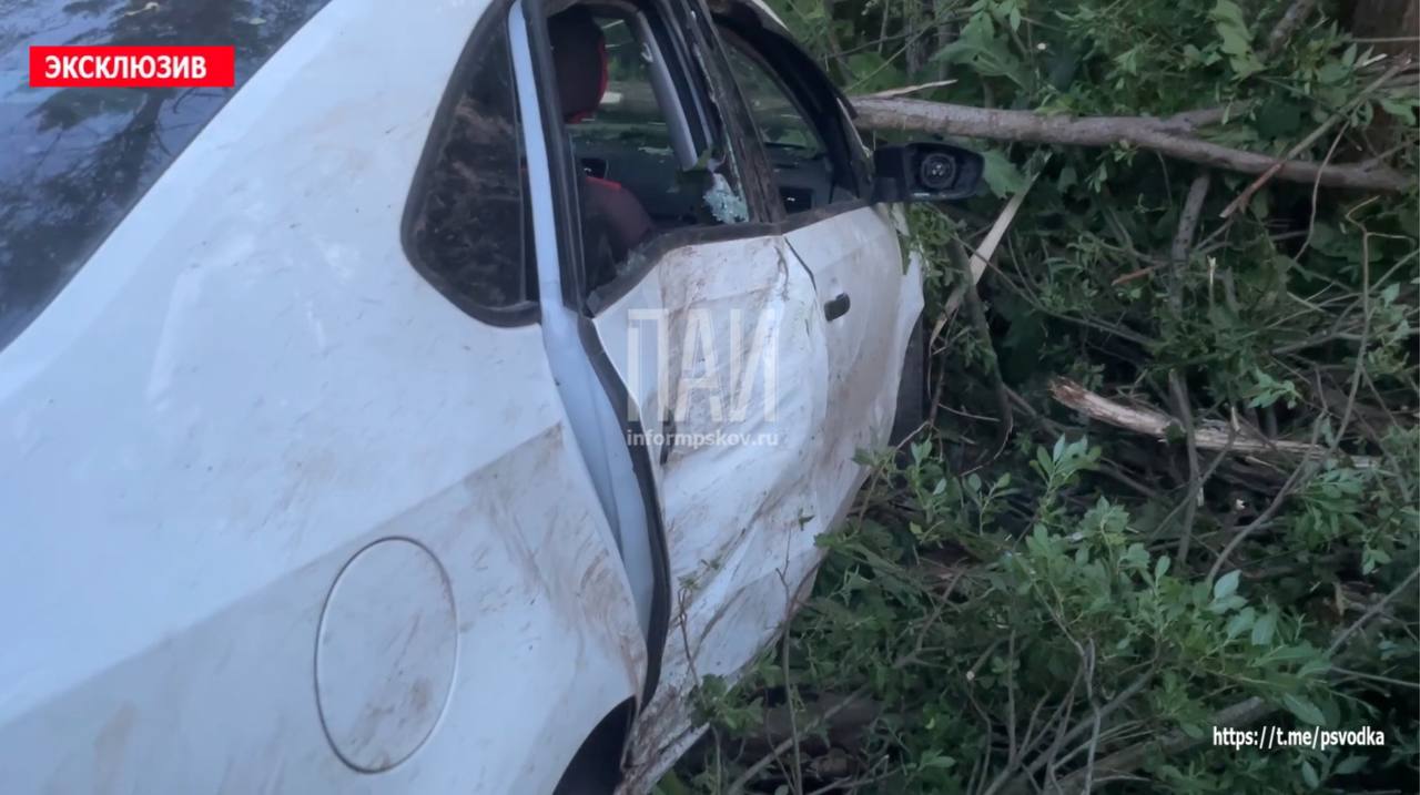 Водитель и пассажир госпитализированы в результате съезда автомобиля в кювет в Псковском районе