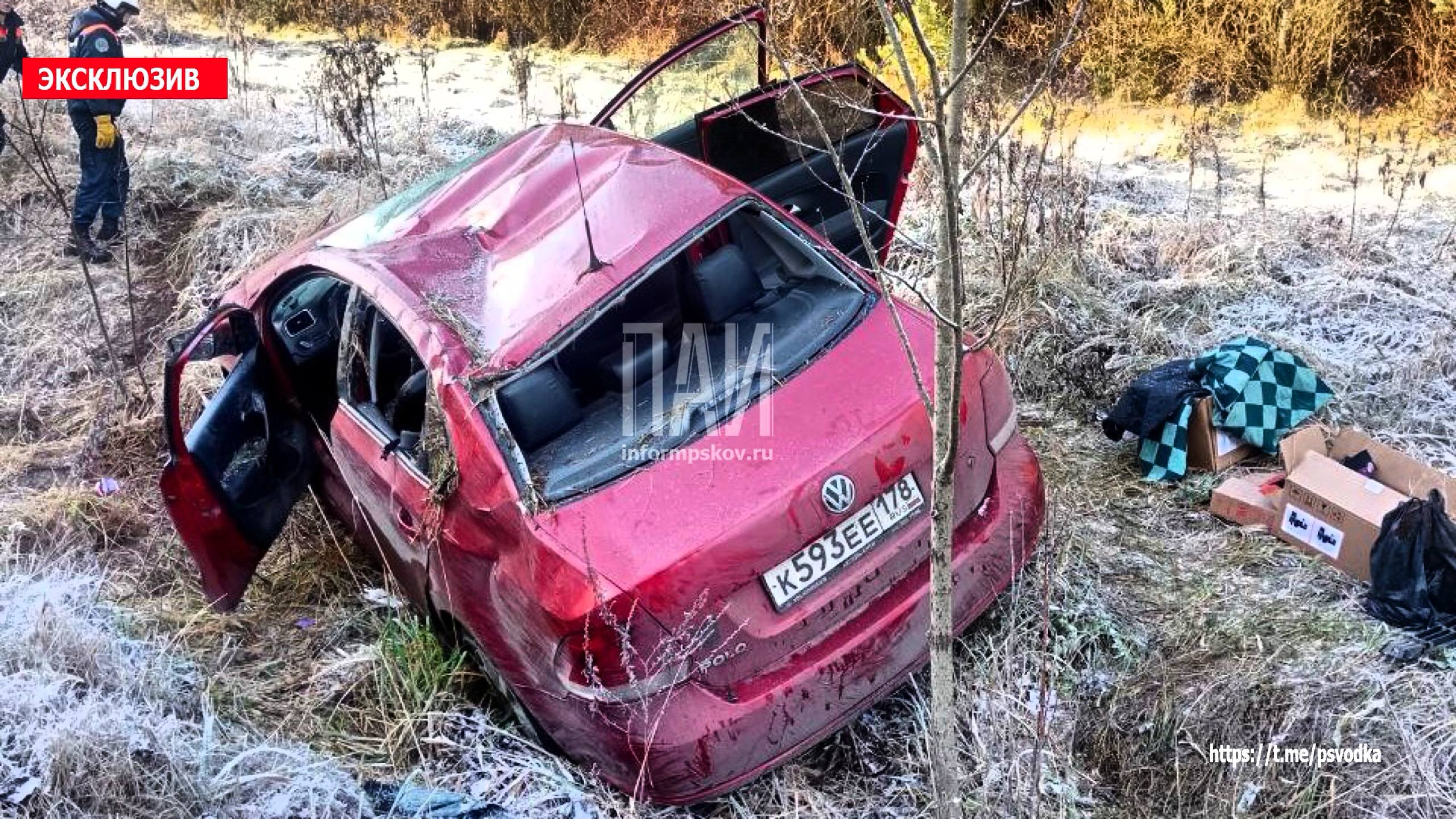 Девушка пострадала из-за вылета автомобиля в кювет в Псковском районе